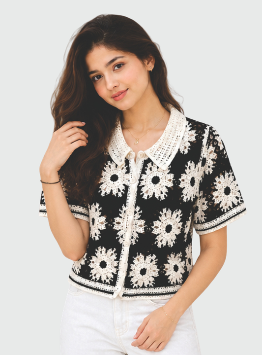 Aura India Store Women’s Black & White Floral Printed Crochet Shirt | Collared Short Sleeve Casual Top for Women