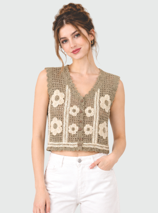 AURAINDIASTORE Women’s Crochet Floral Crop Top | Sleeveless V-Neck Button Front Knit Top | Casual Boho Summer Wear
