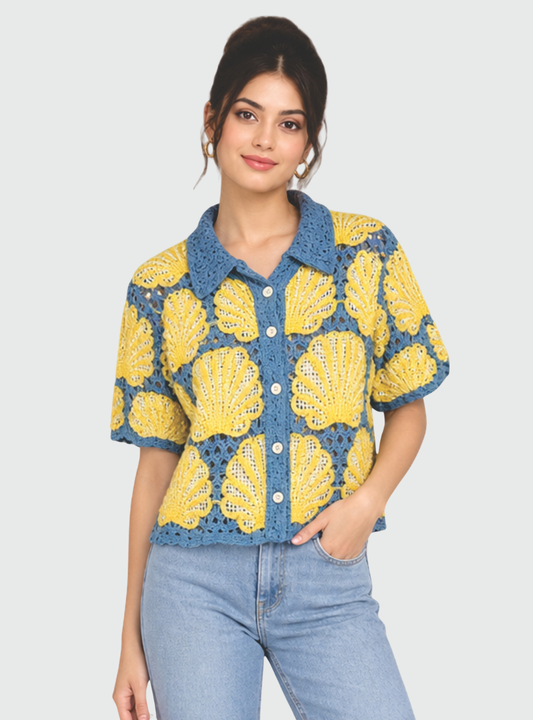AuraIndiaStore Women’s  Printed Crochet-Style Shirt Top | Collared Neck Half Sleeve Casual Top
