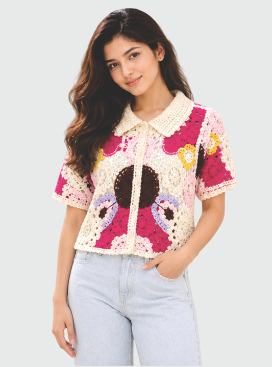 AURA INDIA STORE Women’s Multicolor Crochet Collared Shirt | Floral Patchwork Half Sleeve Knitted Top