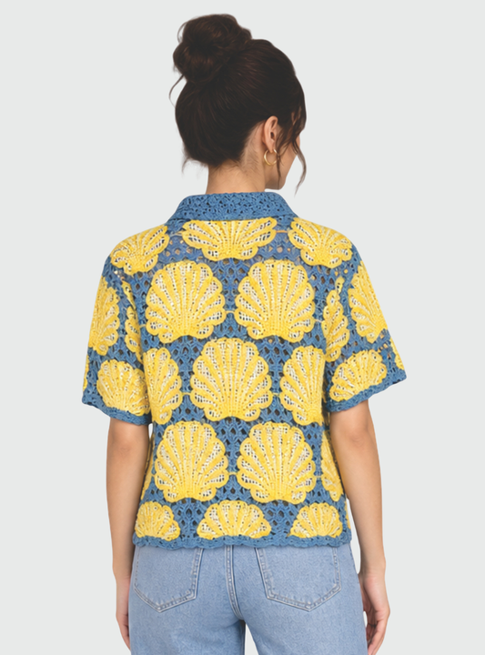 AuraIndiaStore Women’s  Printed Crochet-Style Shirt Top | Collared Neck Half Sleeve Casual Top