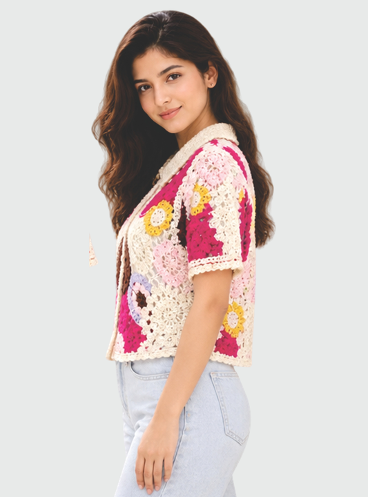 AURA INDIA STORE Women’s Multicolor Crochet Collared Shirt | Floral Patchwork Half Sleeve Knitted Top