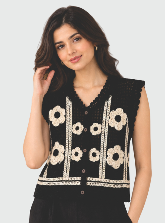 AURAINDIASTORE Women’s Crochet Floral Crop Top | Sleeveless V-Neck Button Front Knit Top | Casual Boho Summer Wear