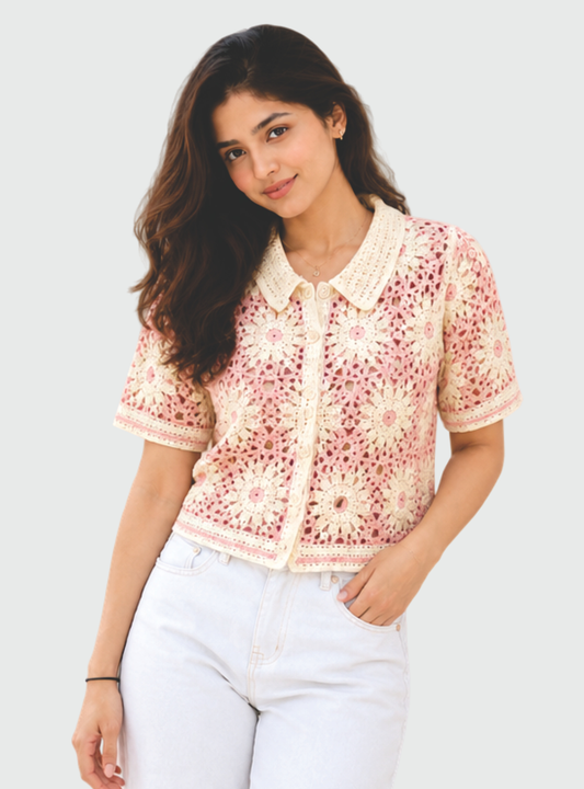 Aura India Store Women’s Black & White Floral Printed Crochet Shirt | Collared Short Sleeve Casual Top for Women