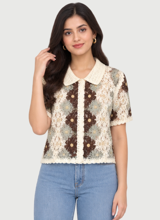Women’s Floral Crochet Lace Shirt Top with Peter Pan Collar, Front Button Closure, Short Sleeves & Scalloped Hem – Stylish Casual Summer Wear